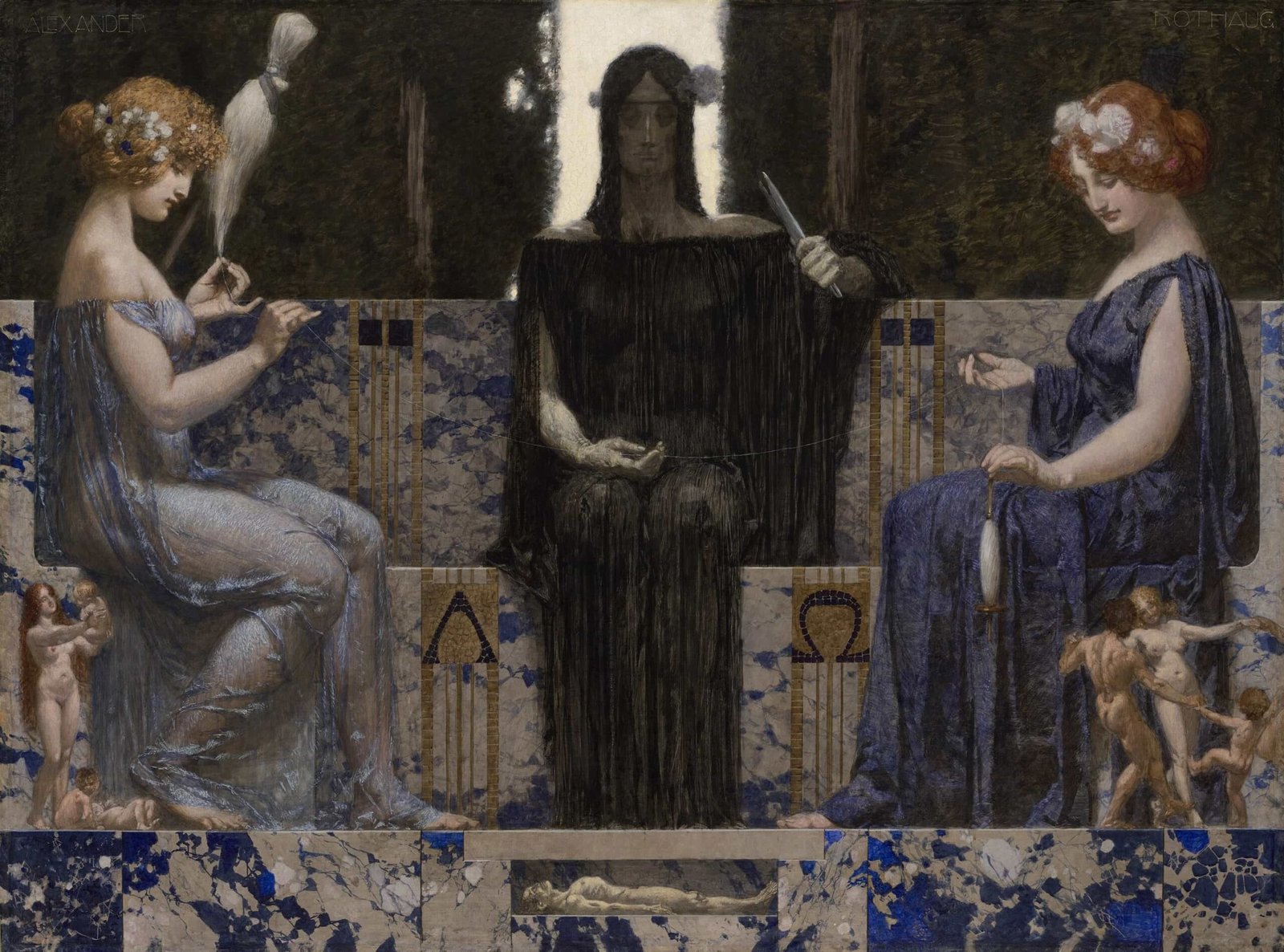 Painting by Alexander Rothaug: The Three Fates, circa 1910.
